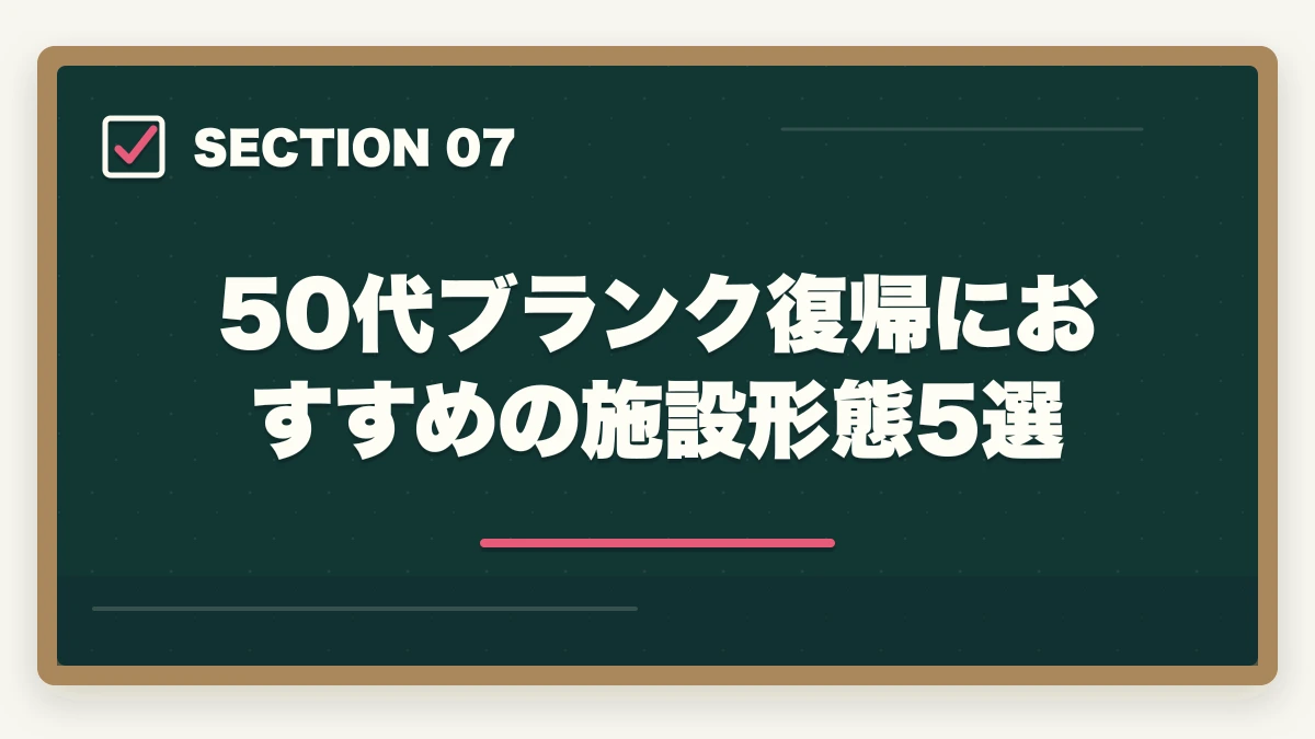 50代ブランク復帰におすすめの施設形態5選｜50代でブランクから介護転職は可能?復帰5パターンと年収280-450万円のキャリアの図解