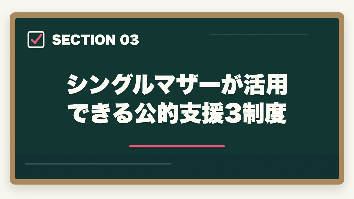 シングルマザーが活用できる公的支援3制度｜シングルマザーの調剤薬局事務|土日休み・年収240-360万円・公的支援3制度ガイドの図解