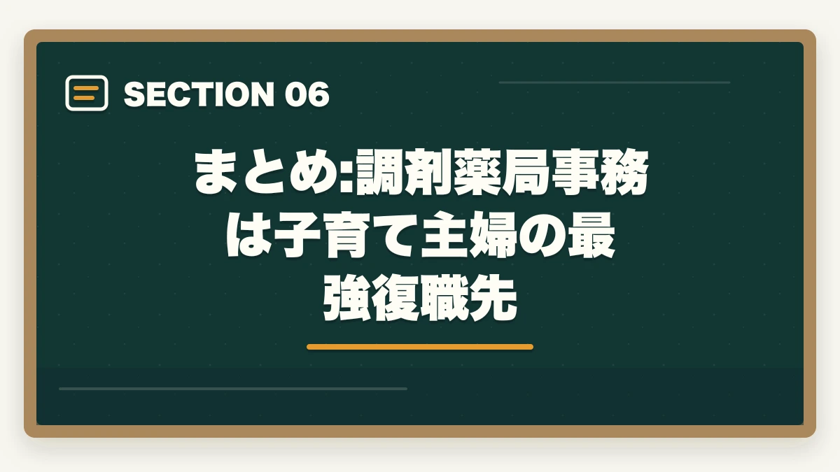 まとめ:調剤薬局事務は子育て主婦の最強復職先｜子育て主婦の調剤薬局事務時短勤務|9-15時シフトで月収13万円・扶養範囲完全ガイドの図解