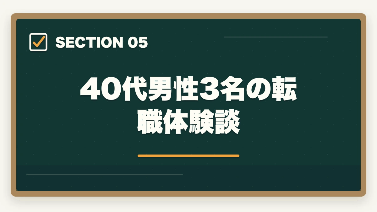 40代男性3名の転職体験談｜40代男性の異業種転職に実務者研修|介護福祉士で年収500万円のキャリア再設計の図解