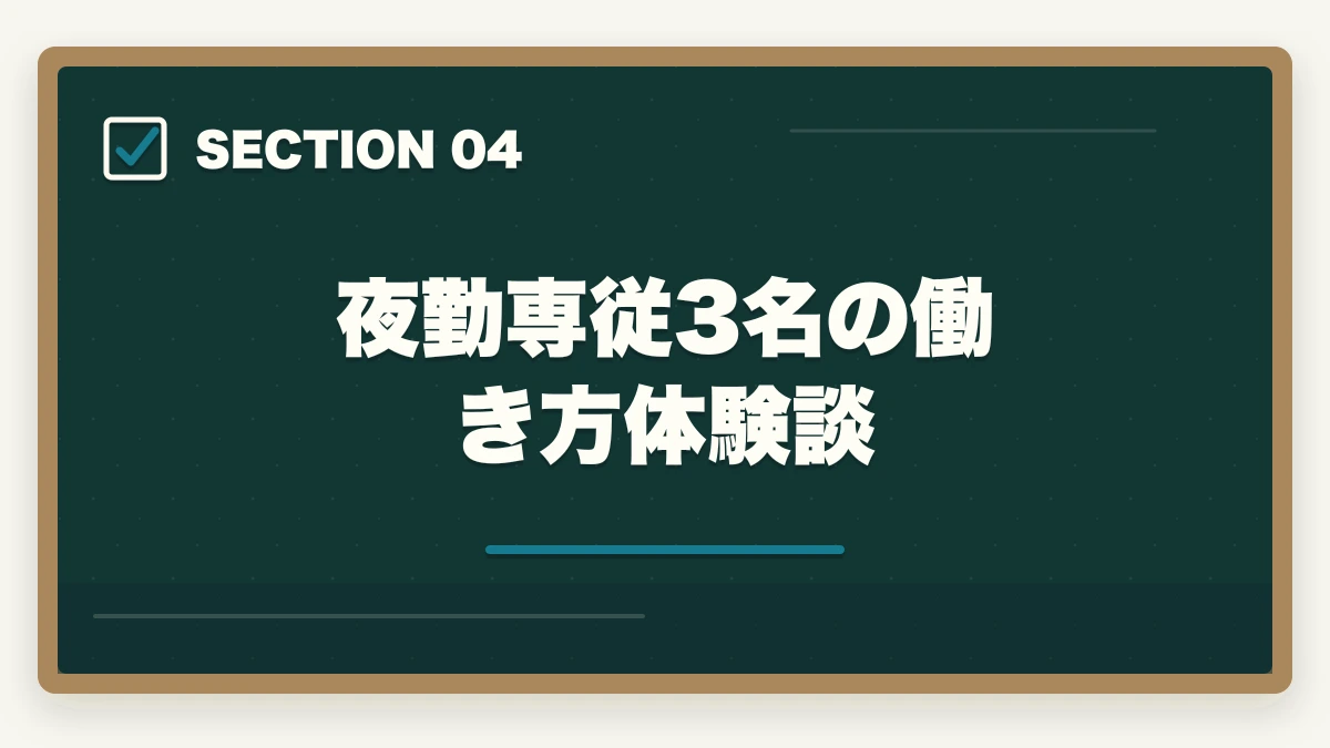 夜勤専従3名の働き方体験談｜介護夜勤専従で月収35-50万円・年収500万円|高時給戦略と健康管理完全ガイドの図解