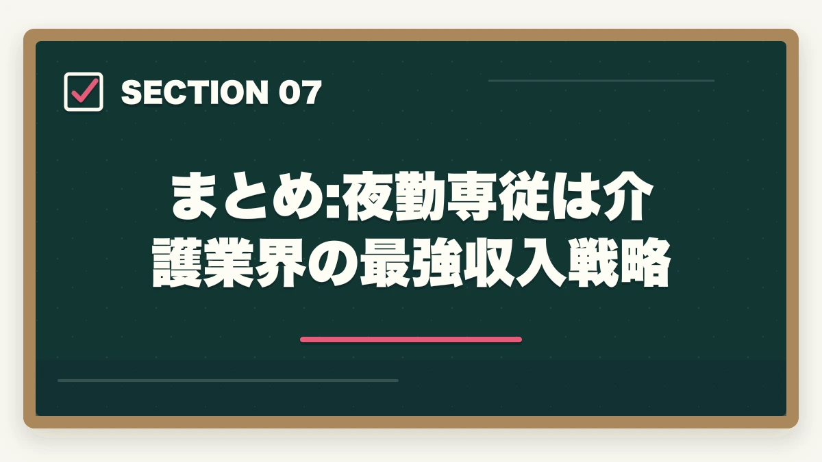 まとめ:夜勤専従は介護業界の最強収入戦略｜介護夜勤専従で月収35-50万円・年収500万円|高時給戦略と健康管理完全ガイドの図解
