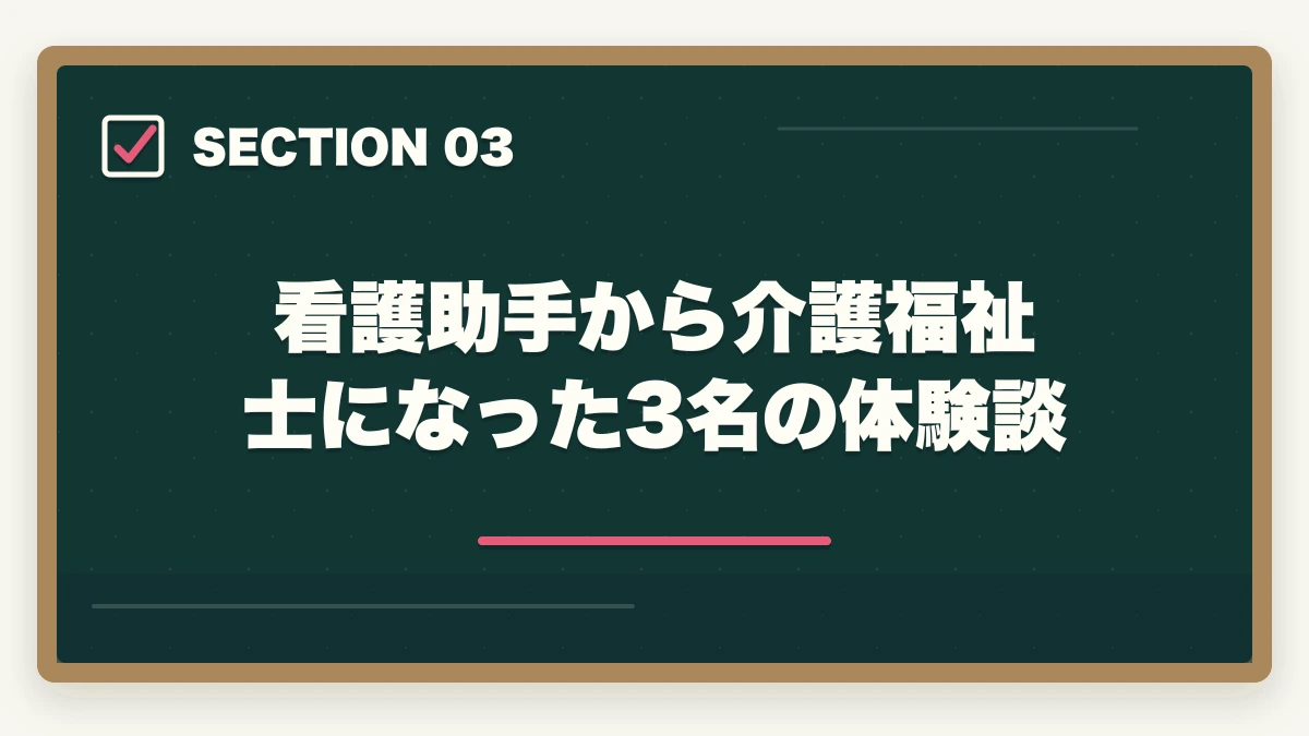 看護助手から介護福祉士になった3名の体験談｜看護助手から介護福祉士ステップアップ|実務経験3年+国家試験合格ロードマップの図解