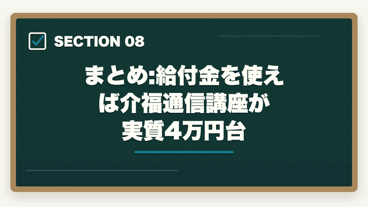 まとめ:給付金を使えば介福通信講座が実質4万円台｜介護福祉士の教育訓練給付金でいくら戻る?ユーキャン・大原の実質負担額と申請方法完全ガイドの図解