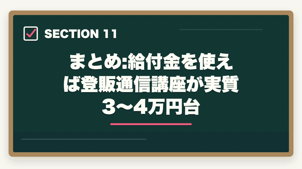 まとめ:給付金を使えば登販通信講座が実質3〜4万円台|登録販売者の教育訓練給付金でいくら戻る?ユーキャン・キャリカレ・ヒューマンの実質負担額完全比較の図解