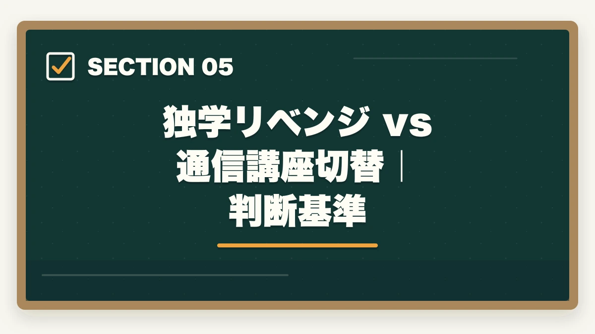 独学リベンジ vs 通信講座切替｜判断基準｜社会福祉士国家試験に1点足りなかった人のリベンジ合格法|10年介護経験者が19科目バランス対策を解説の図解