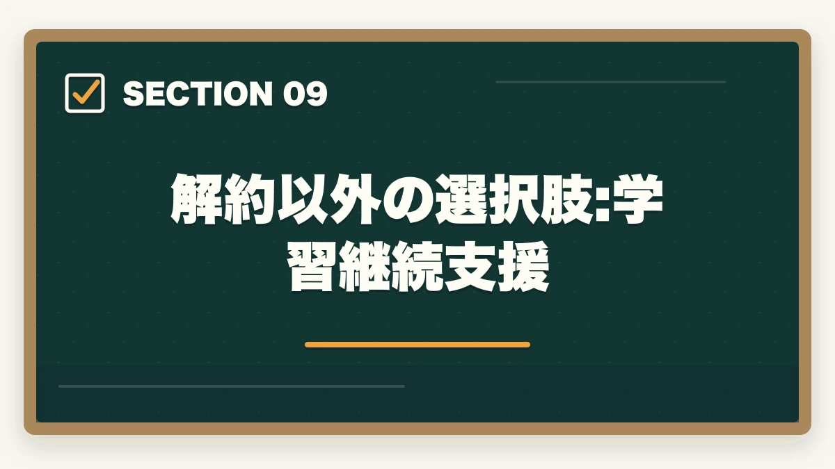 解約以外の選択肢:学習継続支援|ユーキャン介護福祉士のキャンセル・返金・解約完全ガイド|8日以内クーリングオフ可能の図解