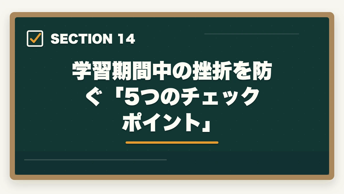 学習期間中の挫折を防ぐ「5つのチェックポイント」|ユーキャン介護福祉士は何ヶ月で取れる?最短3ヶ月から1年までの学習期間別合格戦略の図解