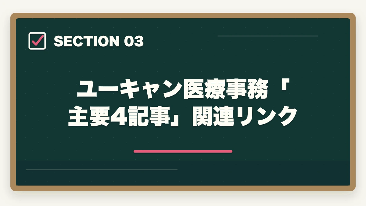 ユーキャン医療事務「主要4記事」関連リンク｜ユーキャン医療事務を最もお得に取得する完全ガイド|月々3,300円+給付金で実質約3.9万円の図解