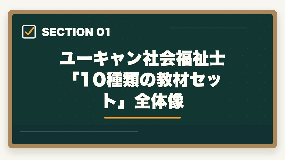 ユーキャン社会福祉士「10種類の教材セット」全体像｜ユーキャン社会福祉士の教材中身レビュー|10種類のフルカラー教材セットを10年経験者が徹底評価の図解