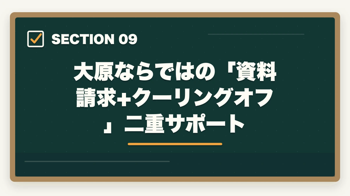 大原ならではの「資料請求+クーリングオフ」二重サポート|大原初任者研修のキャンセル・返金完全ガイド|8日間クーリングオフ+無料資料請求の使い方の図解