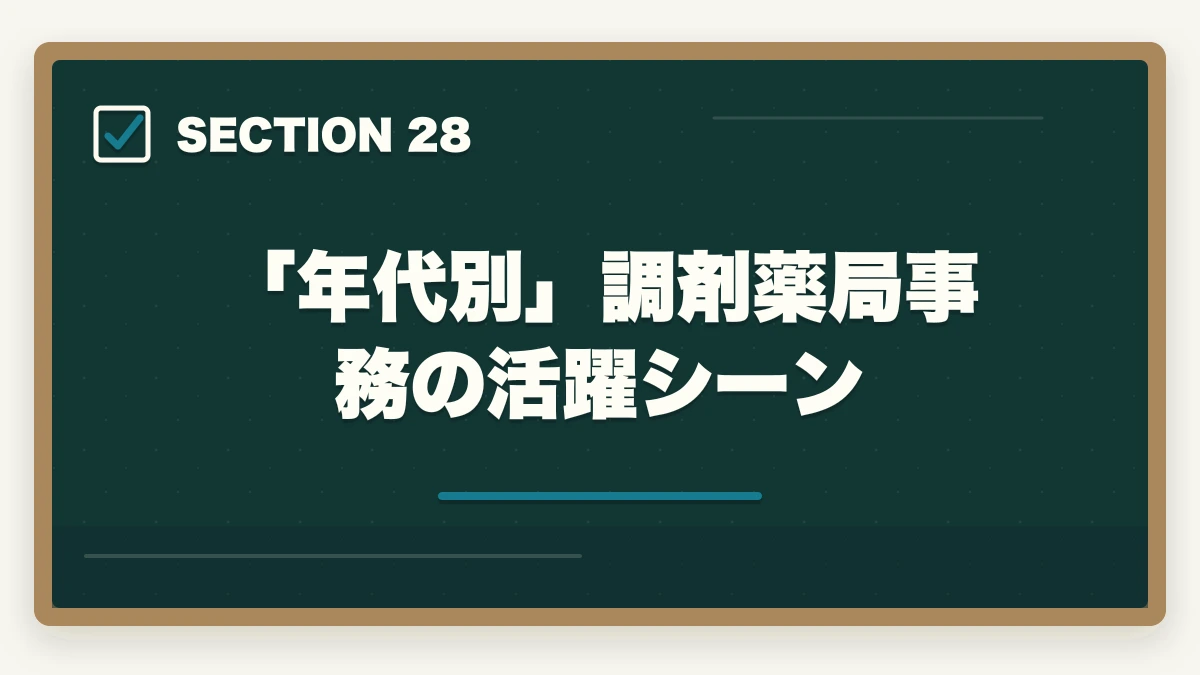 「年代別」調剤薬局事務の活躍シーン｜ユーキャン調剤薬局事務の教材中身レビュー|テキスト3冊+薬価早見表+接遇マナーを10年経験者が徹底評価の図解