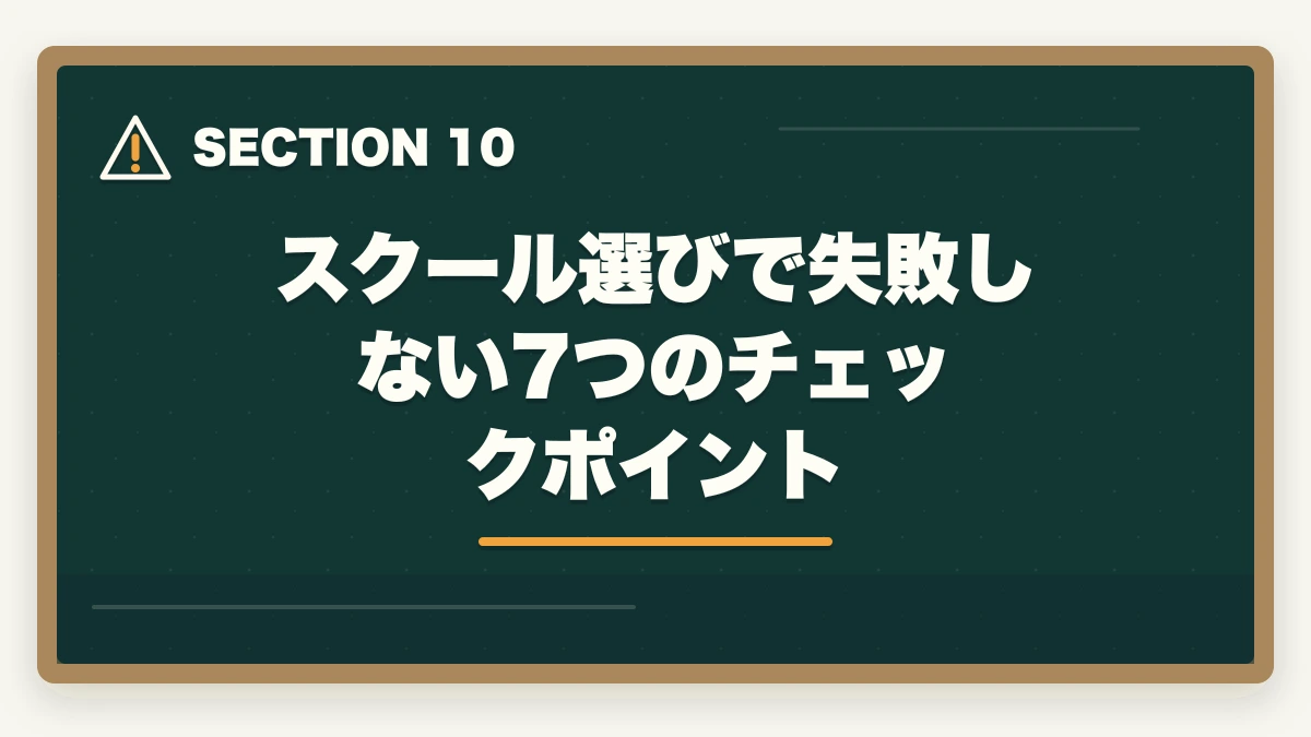 スクール選びで失敗しない7つのチェックポイント｜初任者研修を通信Webで最短取得する完全ガイドの図解