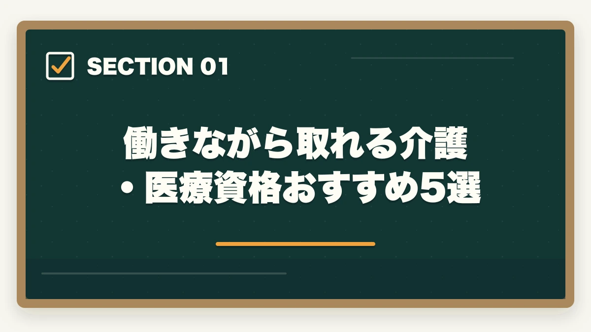 働きながら取れる介護・医療資格おすすめ5選|働きながら取れる介護・医療資格おすすめ5選|短期取得+給付金活用で実質負担減【在職者向け】の図解