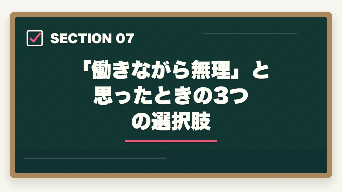 「働きながら無理」と思ったときの3つの選択肢|働きながら取れる介護・医療資格おすすめ5選|短期取得+給付金活用で実質負担減【在職者向け】の図解