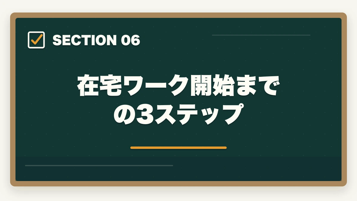 在宅ワーク開始までの3ステップ|子育てママ向け在宅ワーク資格おすすめ5選|医療事務・調剤事務で家計+月10万円【育休中も対象】の図解