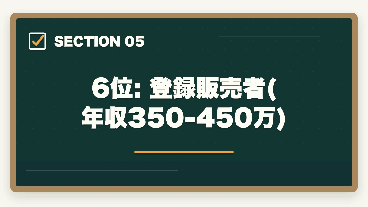 6位: 登録販売者(年収350-450万)｜年収高い順 介護・医療資格ランキング10選|10年経験者が実例年収で比較の図解