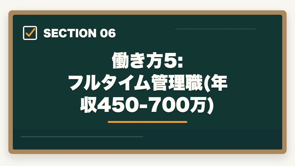 働き方5: フルタイム管理職(年収450-700万)|働き方別 介護・医療資格おすすめ完全ガイド|夜勤あり/なし・在宅・パート別の最適資格の図解