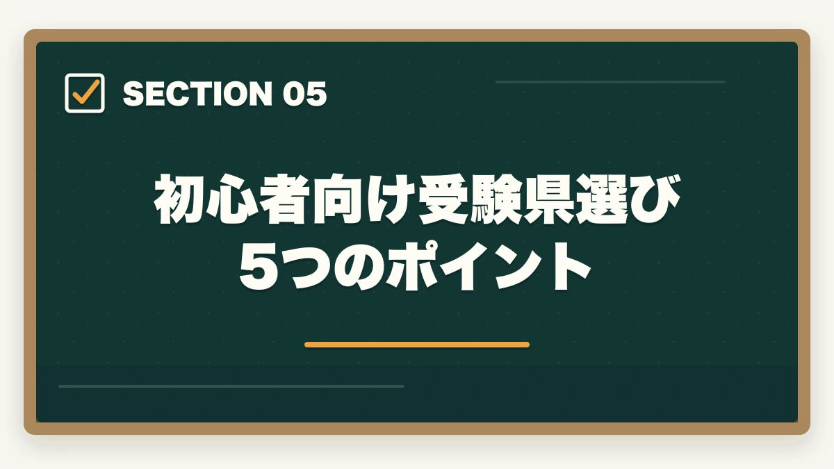 初心者向け受験県選び5つのポイント｜登録販売者試験の都道府県別難易度ランキングの図解