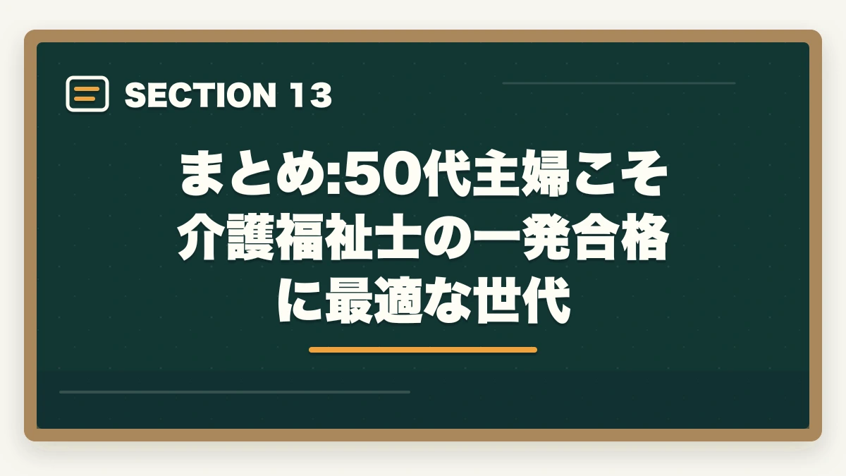 まとめ:50代主婦こそ介護福祉士の一発合格に最適な世代｜介護福祉士 通信講座 50代主婦の一発合格ロードマップ|10年経験者が解説する6か月最短合格法の図解