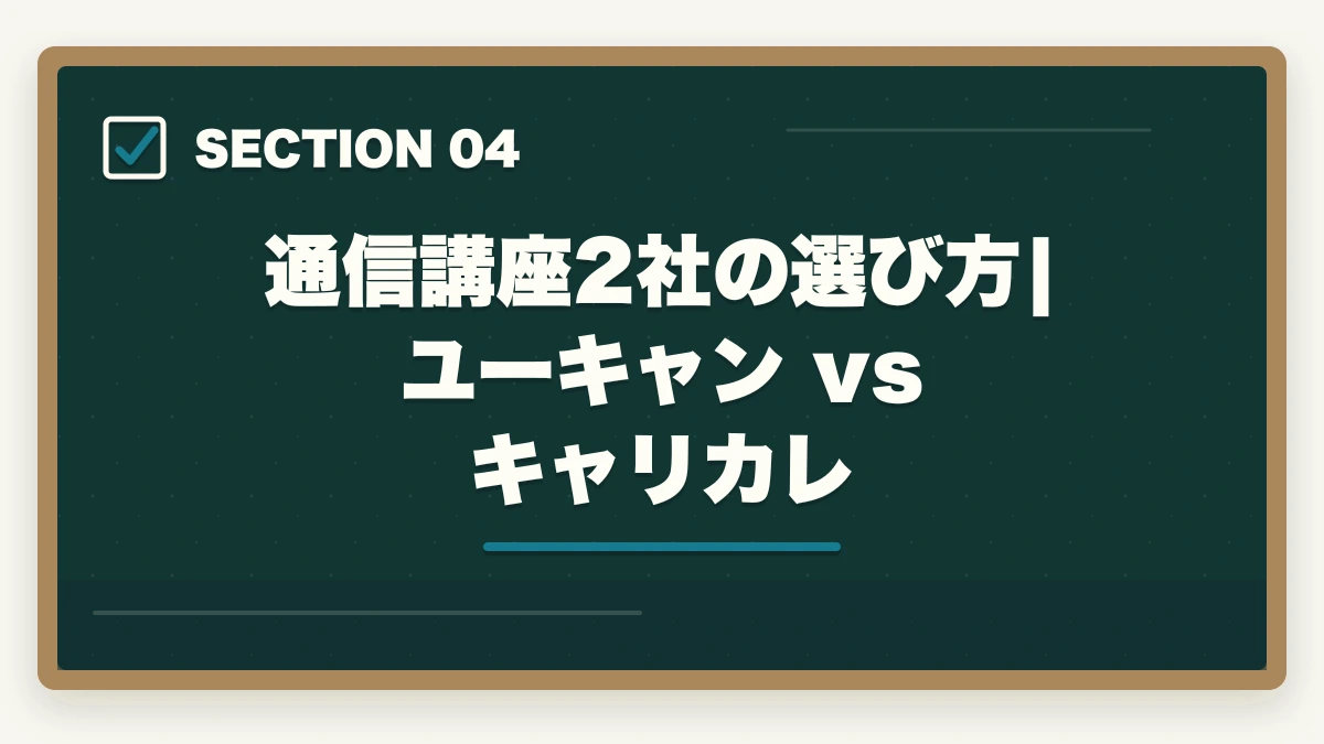 通信講座2社の選び方|ユーキャン vs キャリカレ|親の介護がきっかけで取得する介護資格おすすめ5選|経験者の強みを活かす選び方ガイドの図解