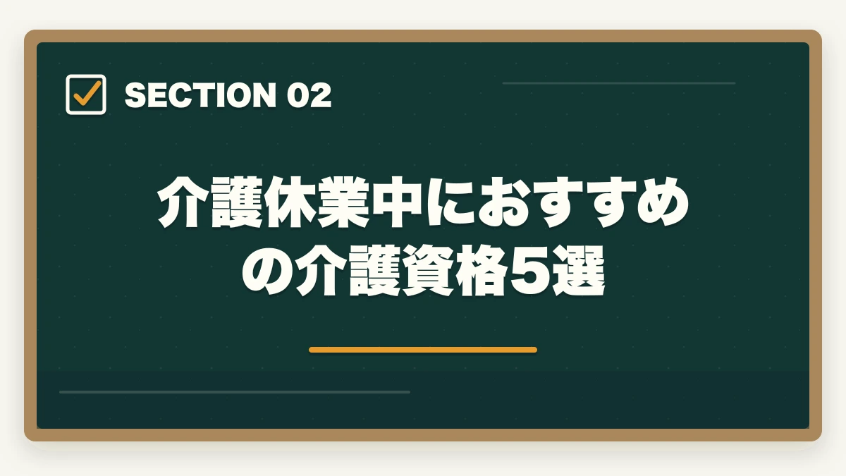 介護休業中におすすめの介護資格5選｜介護休業中に取れる介護資格5選|2つの給付金併用で実質負担半額・復職準備完全ガイドの図解