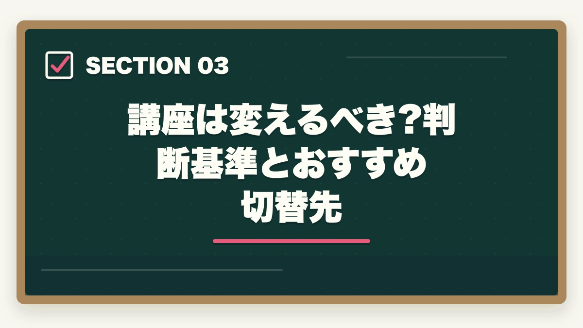 講座は変えるべき?判断基準とおすすめ切替先｜介護福祉士試験に落ちた…1年後の再挑戦完全ガイド|不合格分析と4フェーズ12か月計画の図解