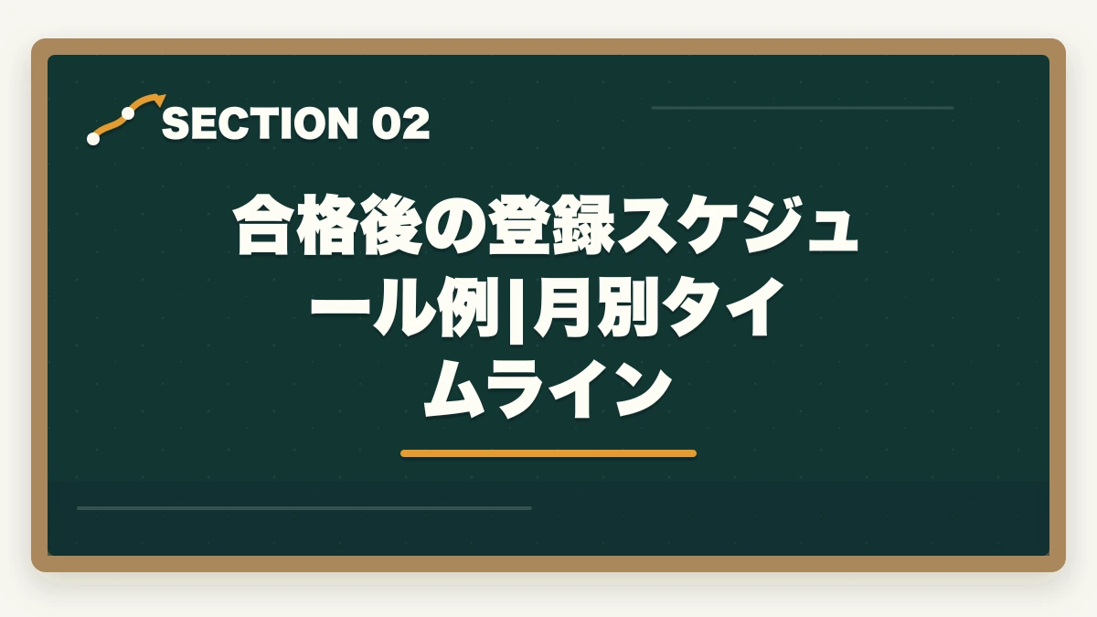 合格後の登録スケジュール例|月別タイムライン｜社会福祉士登録手続きの完全ガイド|合格後の登録申請5ステップと費用19,050円|社会福祉振興・試験センターの図解