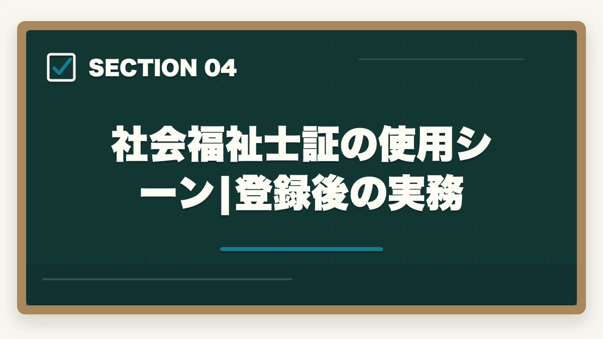 社会福祉士証の使用シーン|登録後の実務｜社会福祉士登録手続きの完全ガイド|合格後の登録申請5ステップと費用19,050円|社会福祉振興・試験センターの図解