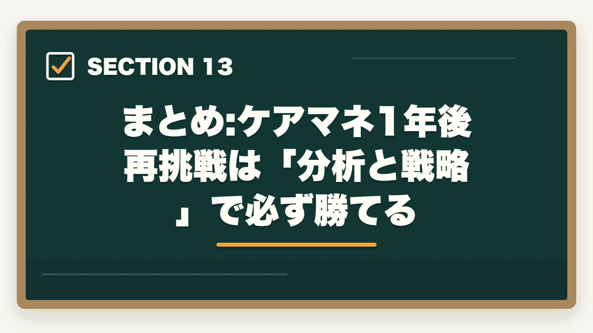 まとめ:ケアマネ1年後再挑戦は「分析と戦略」で必ず勝てる｜ケアマネ試験に落ちた…1年後の再挑戦完全ガイド|不合格分析と4フェーズ12か月計画の図解