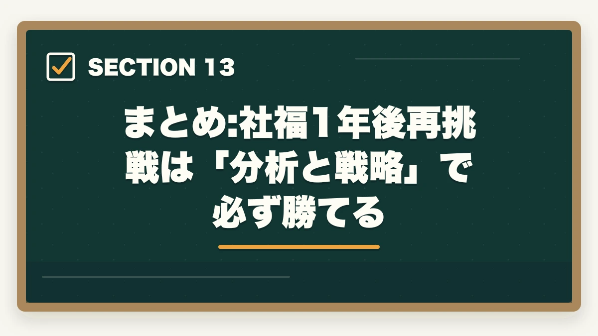 まとめ:社福1年後再挑戦は「分析と戦略」で必ず勝てる｜社会福祉士試験に落ちた…1年後の再挑戦完全ガイド|不合格分析と4フェーズ12か月計画の図解