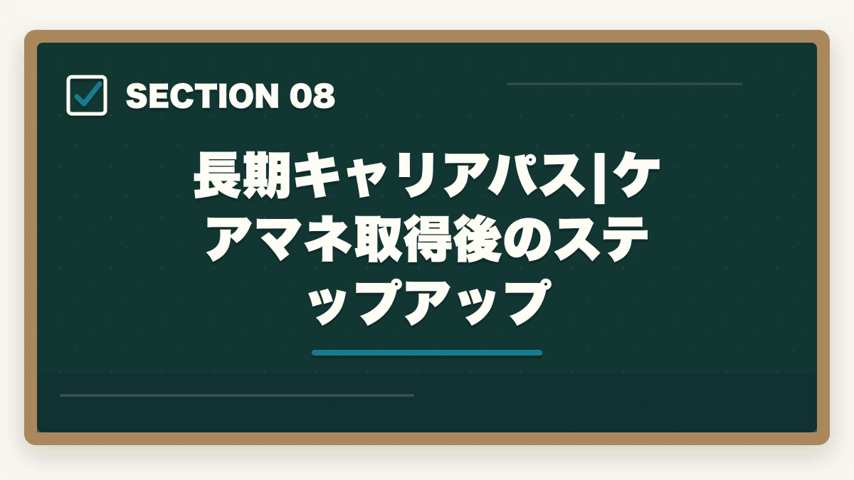 長期キャリアパス|ケアマネ取得後のステップアップ｜ケアマネのユーキャンと資格の大原を徹底比較の図解