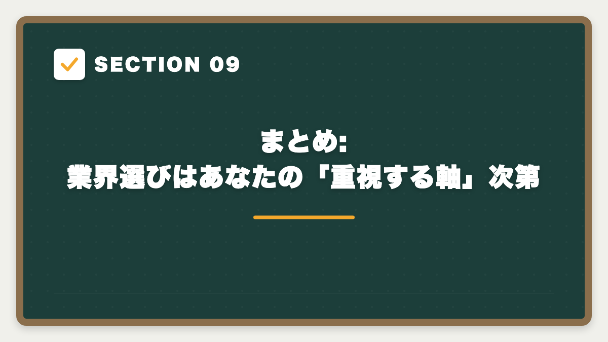 SECTION 09 まとめ: 業界選びはあなたの「重視する軸」次第