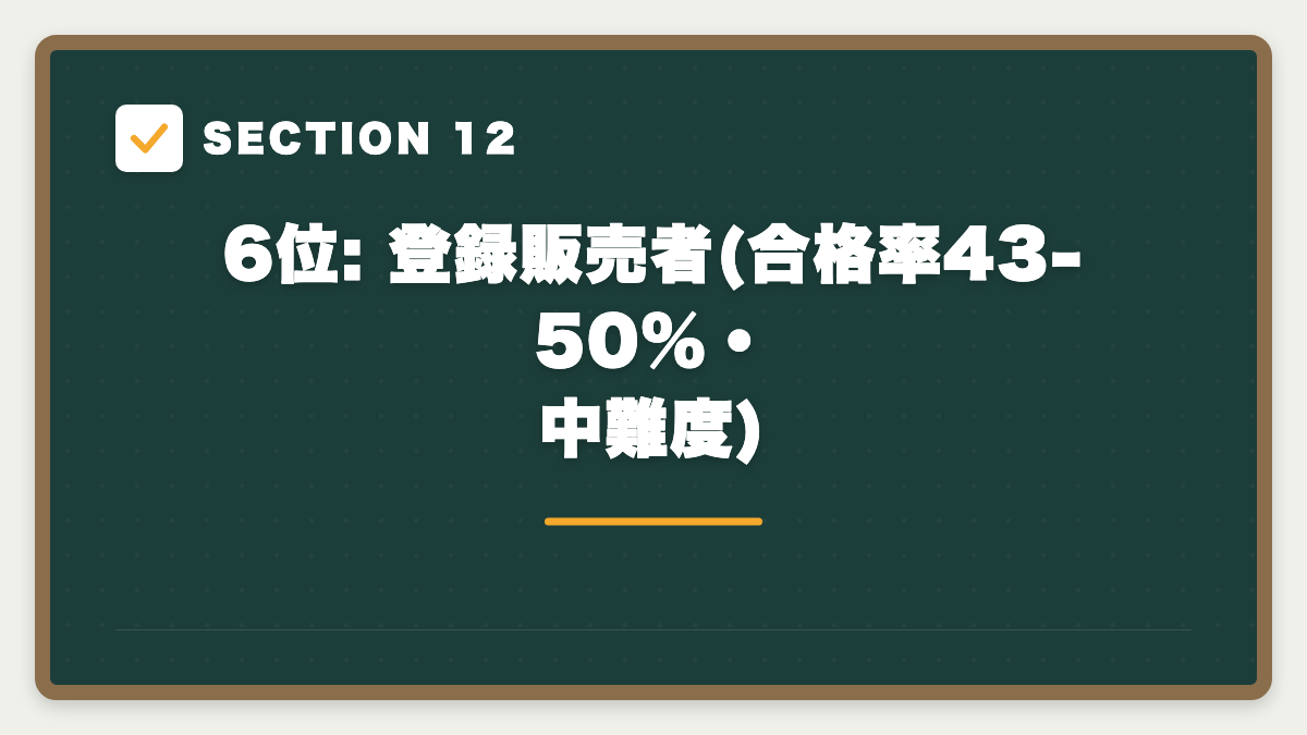 SECTION 12 6位: 登録販売者(合格率43-50%・中難度)