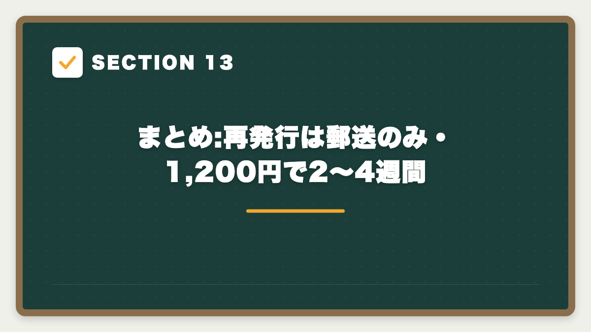 SECTION 13 まとめ:再発行は郵送のみ・1,200円で2〜4週間