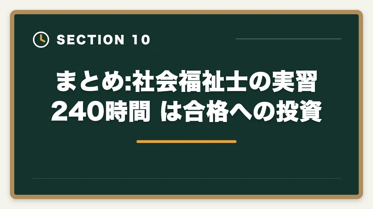 まとめ:社会福祉士の実習 240時間 は合格への投資｜社会福祉士の実習240時間内訳と社会人の有給確保戦略の図解
