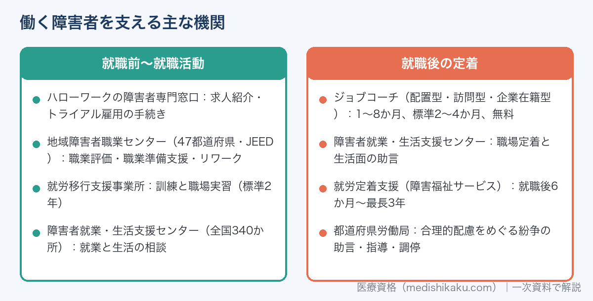 働く障害者を支える主な機関（ハローワーク・地域障害者職業センター・就労移行支援・障害者就業・生活支援センター・ジョブコーチ・就労定着支援・労働局）